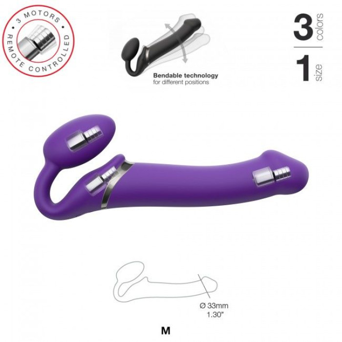 Безремневой страпон с вибрацией Strap-On-Me Vibrating Violet M диаметр 3,8 см, пульт ДУ, регулируемый
