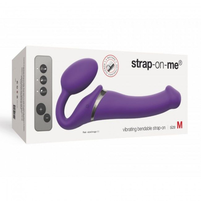 Безремневой страпон с вибрацией Strap-On-Me Vibrating Violet M диаметр 3,8 см, пульт ДУ, регулируемый