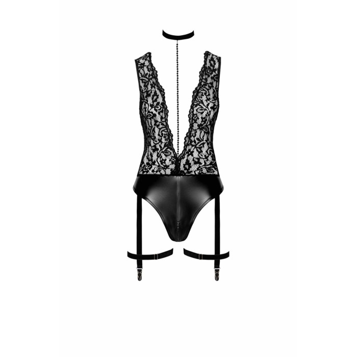 Боді Noir Handmade F297 Libido Deep-V bodysuit with collar, pearl chain and garter - XXL