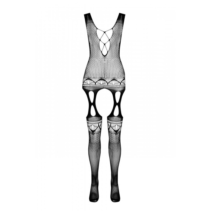 Бодистокинг с плетением на груди Passion BS099 One Size, black, открытый доступ, имитация подвязок