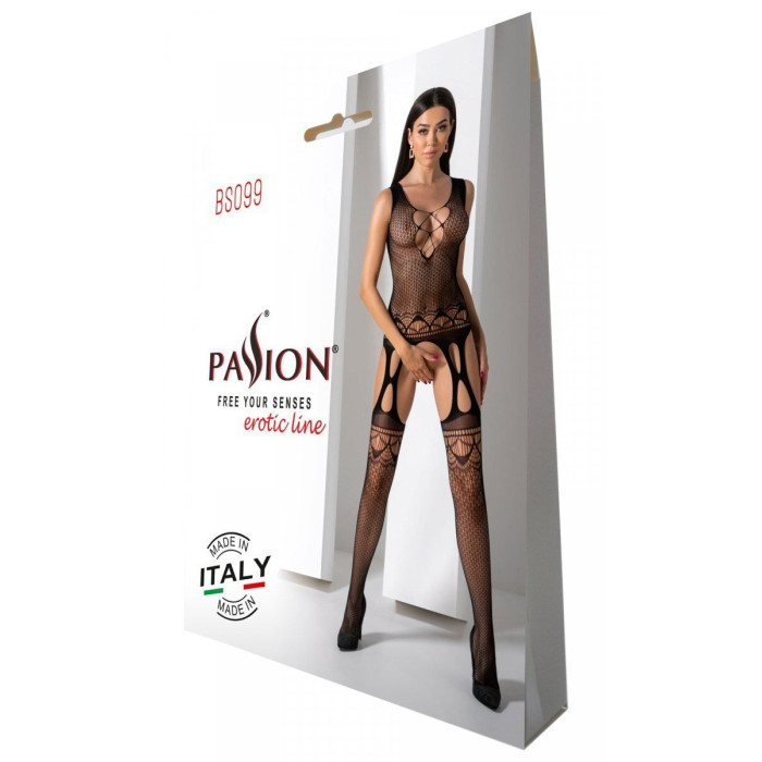 Бодистокинг с плетением на груди Passion BS099 One Size, black, открытый доступ, имитация подвязок