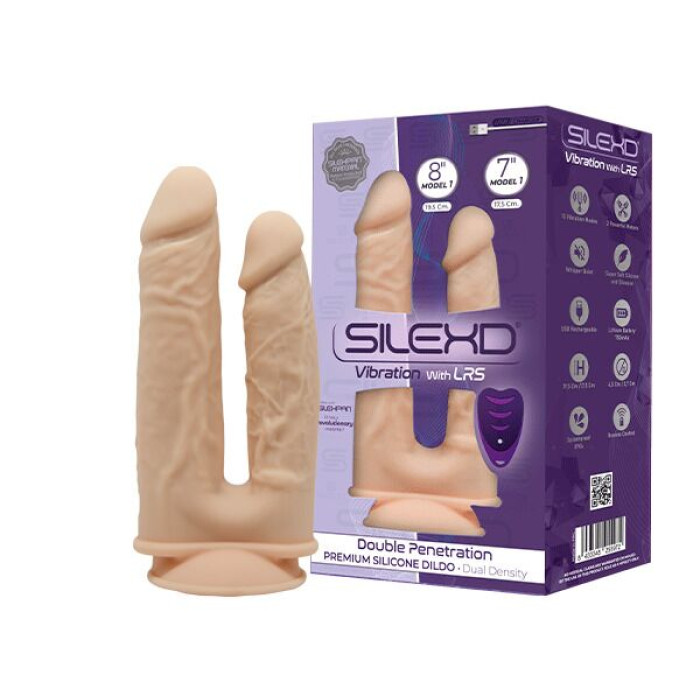Двойной фаллоимитатор с вибрацией SilexD Double Gusto Vibro Flesh (Model 1 size 8" & 7") + LRS, диаметр 4,5 см и 3,7 см