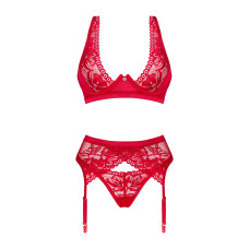 Комплект білизни Obsessive Lacelove cupless 3-pcs set M/L Red, бюстгальтер, стрінги, пояс для панчіх