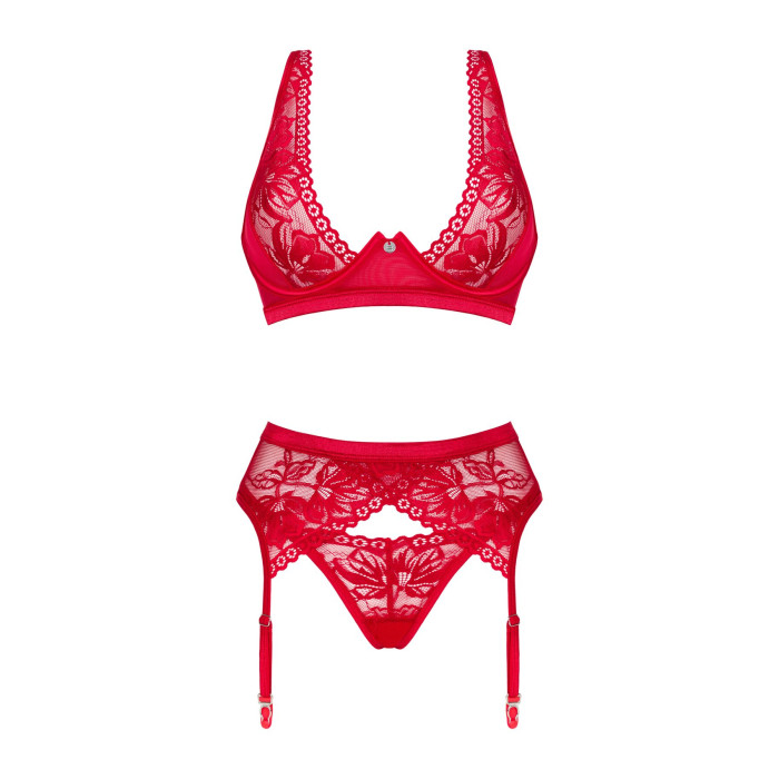 Комплект білизни Obsessive Lacelove cupless 3-pcs set M/L Red, бюстгальтер, стрінги, пояс для панчіх