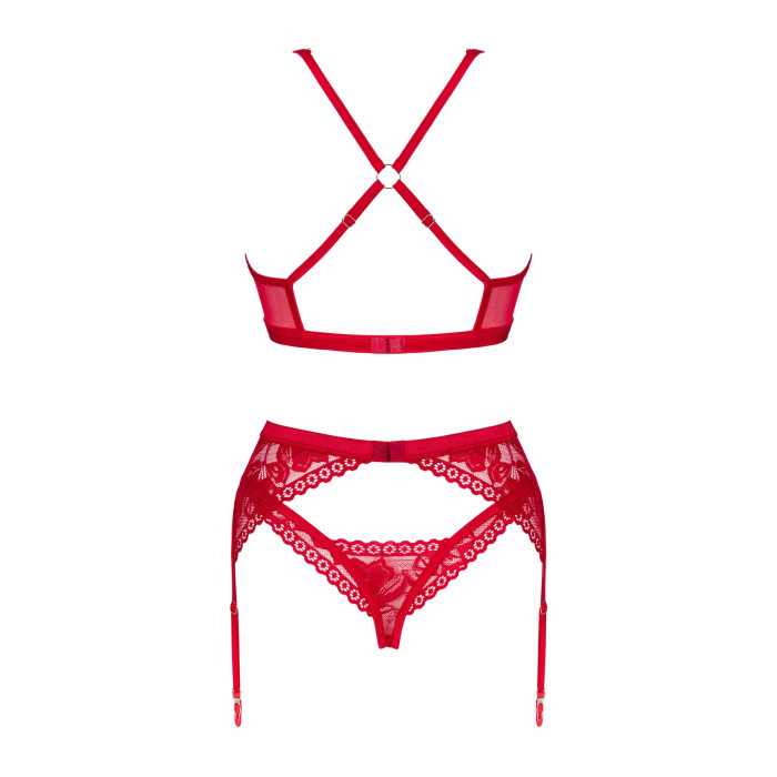 Комплект білизни Obsessive Lacelove cupless 3-pcs set M/L Red, бюстгальтер, стрінги, пояс для панчіх