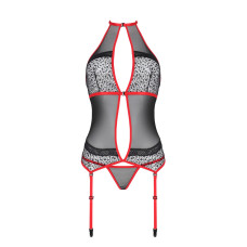 Корсет з пажами Passion SATARA CORSET XXL/XXXL red, стрінги, мереживо, застібки спереду та ззаду