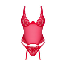 Прозорий корсет Obsessive Lacelove corset XL/2XL Red, мереживо, підв’язки для панчіх