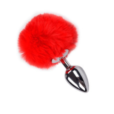 Металева анальна пробка Кролячий хвостик Alive Fluffy Plug S Red, діаметр 2,8 см