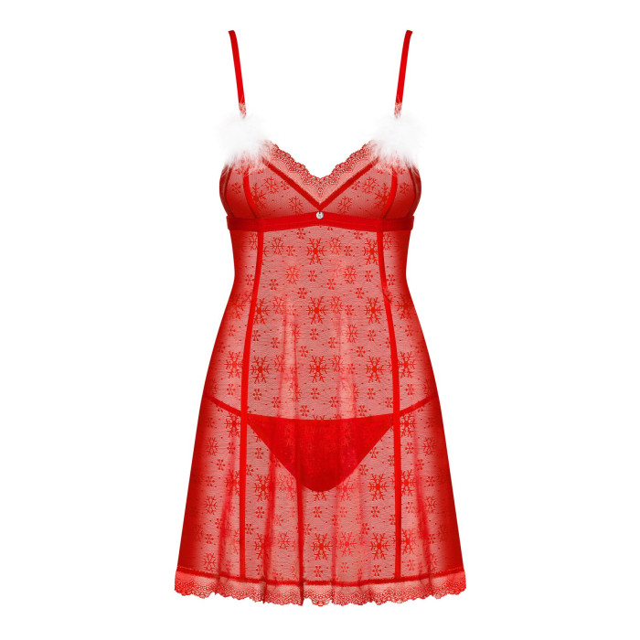 Сорочка Obsessive Claussica, M/L, красная, прозрачная с узором, стринги в комплекте