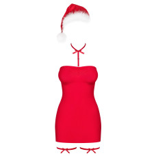 Сорочка Obsessive Kissmas chemise red L/XL червона,чокер, гартери та шапочка з помпоном в комплекті