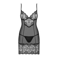 Сорочка Obsessive Alluria chemise & thong, S/M, черная, кружево+микросетка, стринги в комплекте