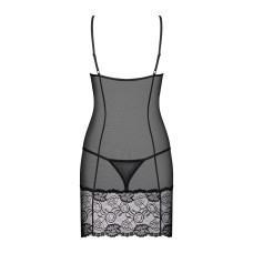 Сорочка Obsessive Alluria chemise & thong, S/M, черная, кружево+микросетка, стринги в комплекте