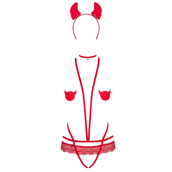 Эротический костюм чертика из стреп Obsessive Evilia teddy red S/M, боди, чокер, накладки на соски, обруч с рожками