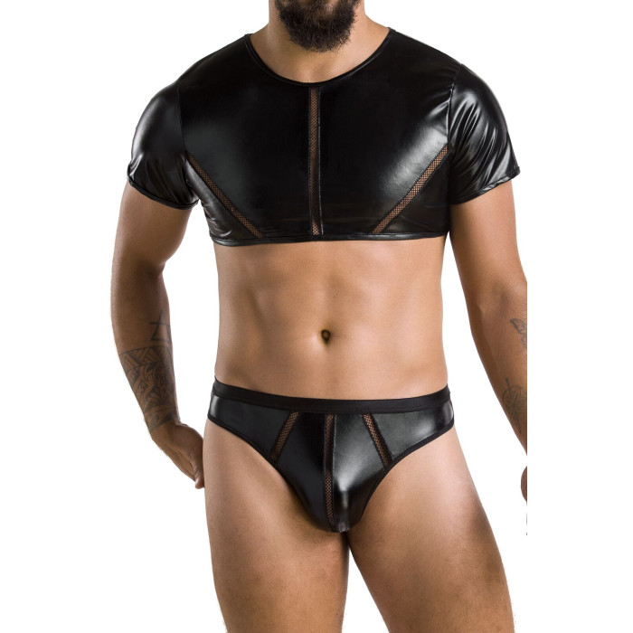 Комплект мужского белья под латекс Passion 057 SET PETER L/XL Black, кроп-топ, стринги