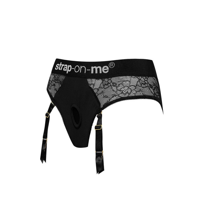 Кружевные трусы для страпона с подвязками для чулок Strap-On-Me DIVA HARNESS - XS
